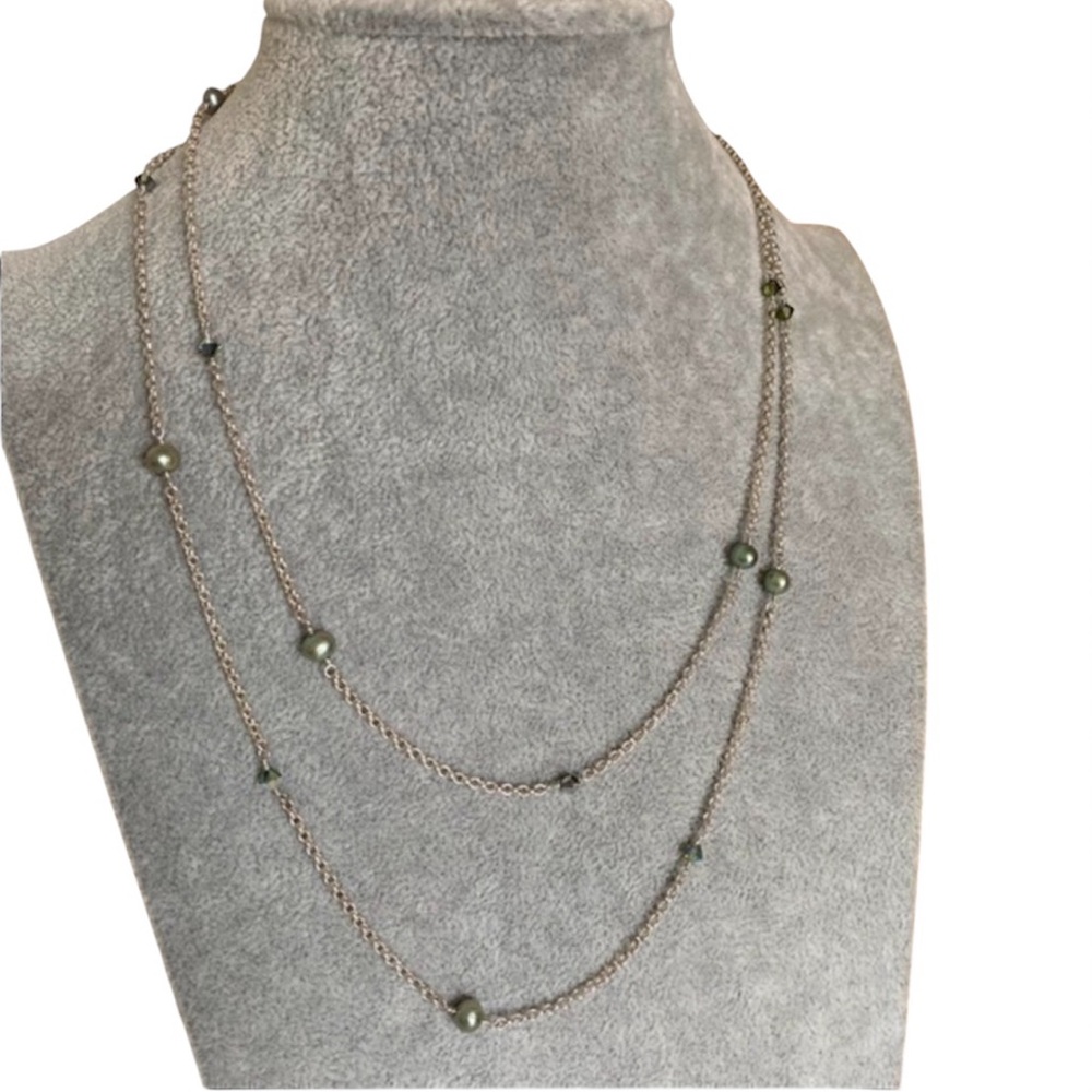 925 Sterling Silver Chain Delicate Layer Necklace Mint Green Pearl Choker NEW